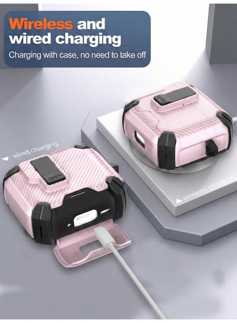 غطاء واقي لحافظة شحن AirPods 4 (يشمل مجموعة تنظيف وحلقة مفاتيح) درع واقي من الصلب مع تصميم قفل مزود برباط - إصدار وردي - view 3